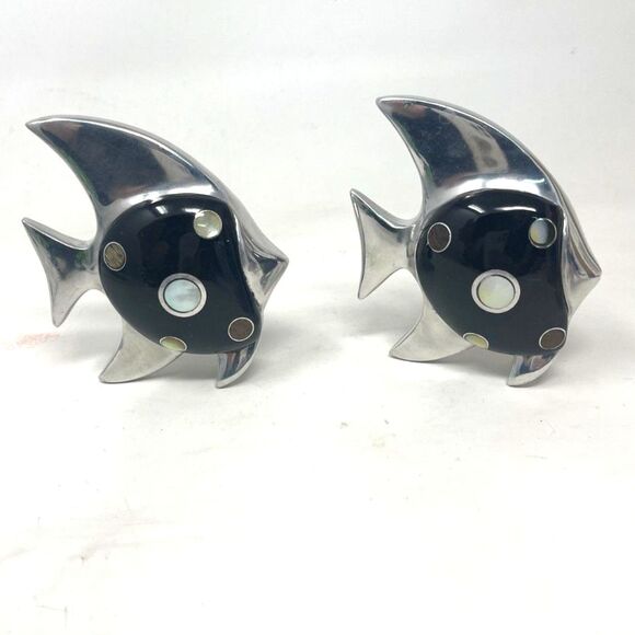 Vintage Silver & Black Metal Pair Fish Figurines With Inlaid Stone Abalone *RARE - Picture 6 of 11
